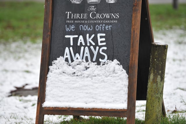 Many may feel in need of a hot meal on a snowy day like today and the Three Crowns at Wisborough Green now does takeaways. Photo: Steve Robards