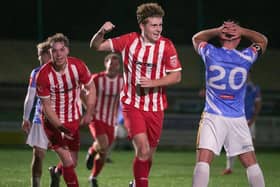Steyning Town celebrate a goal in their 4-0 beating of Deal Town | Picture by Max Spanner