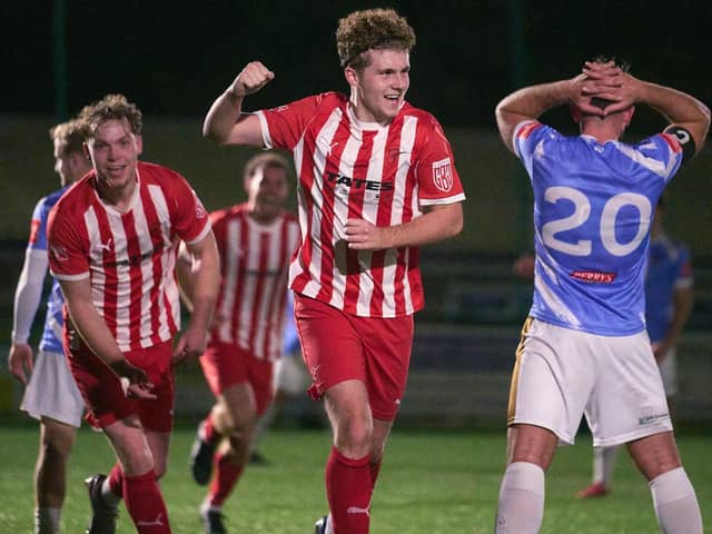 Steyning Town celebrate a goal in their 4-0 beating of Deal Town | Picture by Max Spanner