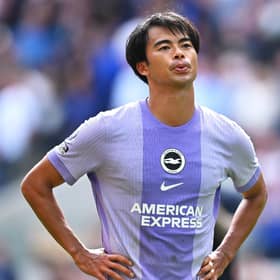 Kaoru Mitoma will miss Brighton’s derby against Crystal Palace, with Fabian Hurzeler urging patience over the winger’s return from injury. (Photo by Clive Mason/Getty Images)