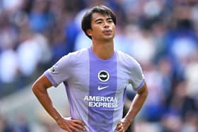 Kaoru Mitoma will miss Brighton’s derby against Crystal Palace, with Fabian Hurzeler urging patience over the winger’s return from injury. (Photo by Clive Mason/Getty Images)
