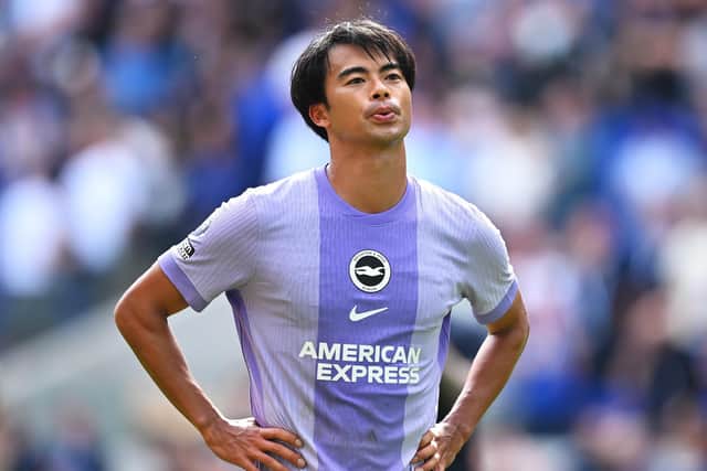 Kaoru Mitoma will miss Brighton’s derby against Crystal Palace, with Fabian Hurzeler urging patience over the winger’s return from injury. (Photo by Clive Mason/Getty Images)