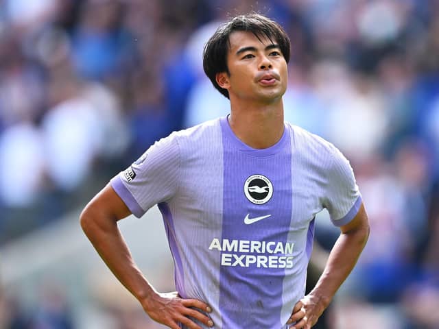 Kaoru Mitoma will miss Brighton’s derby against Crystal Palace, with Fabian Hurzeler urging patience over the winger’s return from injury. (Photo by Clive Mason/Getty Images)