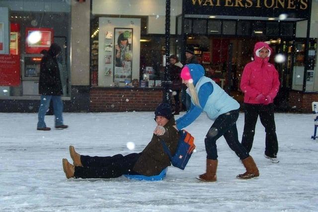 Fun in the snow in the town centre. January, 2010.