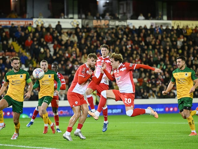 Callum Styles of Barnsley has a shot at goal during the Emirates FA Cup First Round match between Barnsley and Horsham at Oakwell Stadium.