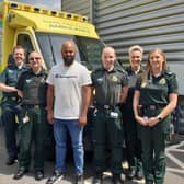 Usman Hussain (centre left) visited SECAmb’s Gatwick Make Ready Centre recently to personally thank the team who came to his aid at his home in Crawley after suffering a cardiac arrest in 2022. Picture courtesy of SECAmb