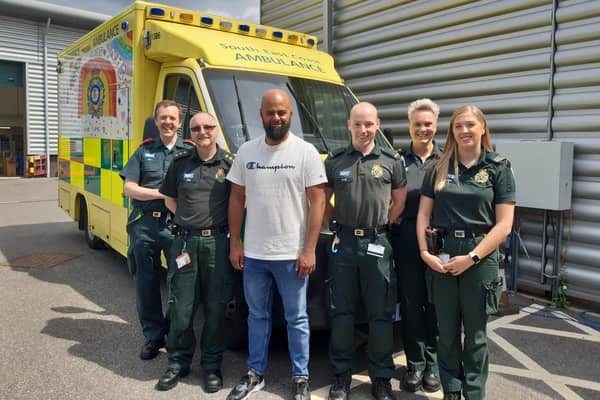 Usman Hussain (centre left) visited SECAmb’s Gatwick Make Ready Centre recently to personally thank the team who came to his aid at his home in Crawley after suffering a cardiac arrest in 2022. Picture courtesy of SECAmb