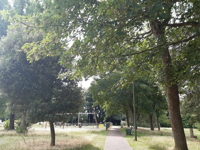 The walled garden is behind the house on the north side. Our route takes us round to the southern side of the house and on down, past this play area