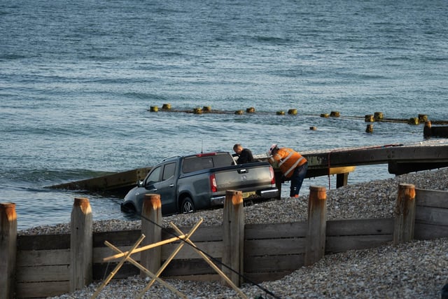 Selsey Coastguard Rescue Team provided ‘safety cover’ after a pickup truck became submerged on East Beach, Selsey