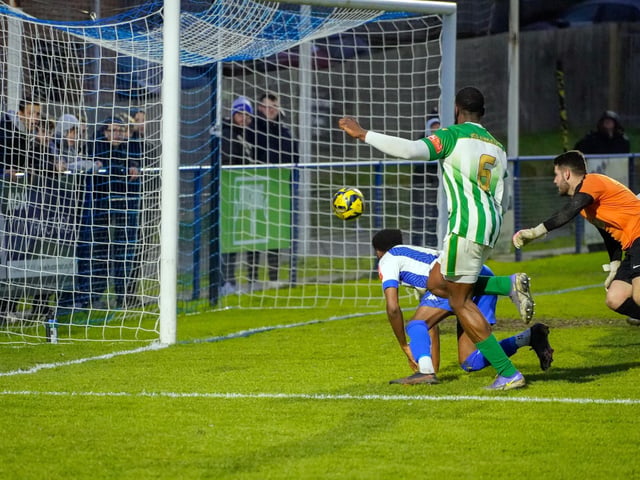 Action from Haywards Heath Town FC;s 1-1 draw with VCD in the Isthmian south east division