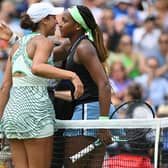 US player Madison Keys (L) is congratulated by US player Coco Gauff after their women's singles semi-final tennis match at the Rothesay Eastbourne International (Photo by Glyn KIRK / AFP) (Photo by GLYN KIRK/AFP via Getty Images)