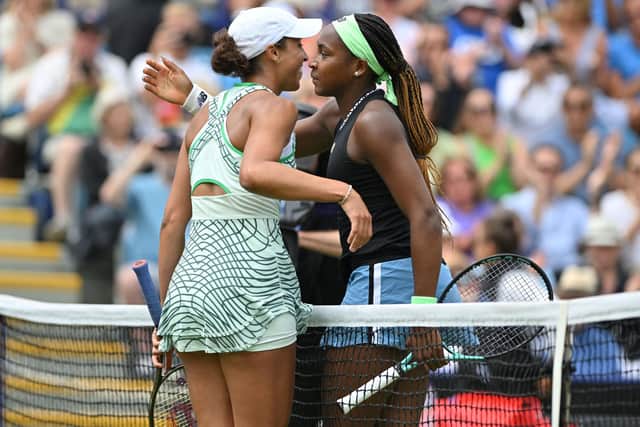 US player Madison Keys (L) is congratulated by US player Coco Gauff after their women's singles semi-final tennis match at the Rothesay Eastbourne International (Photo by Glyn KIRK / AFP) (Photo by GLYN KIRK/AFP via Getty Images)