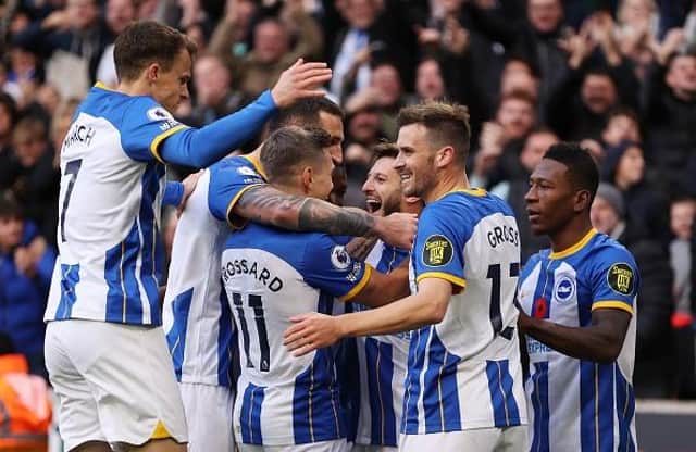 Brighton and Hove Albion celebrate during their Premier League clash with Wolves at Molineux Stadium