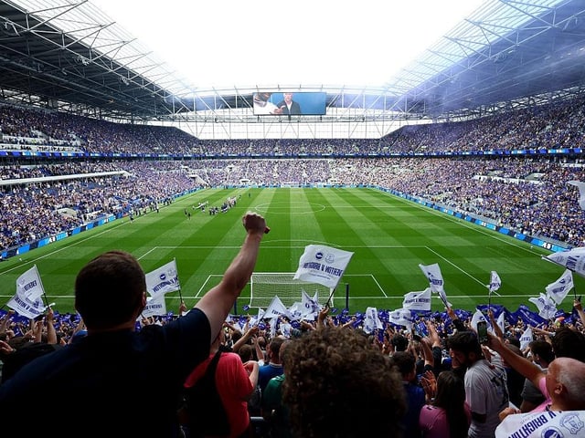 General view inside the stadium as players and officials line up on the pitch prior to the Premier League match between Everton and Brighton & Hove Albion at Hill Dickinson Stadium