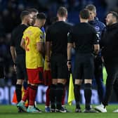 Roberto De Zerbi made his feelings clear in conversation with referee John Brooks after Brighton & Hove Albion were held to a draw by Sheffield United. (Photo by Steve Bardens/Getty Images)