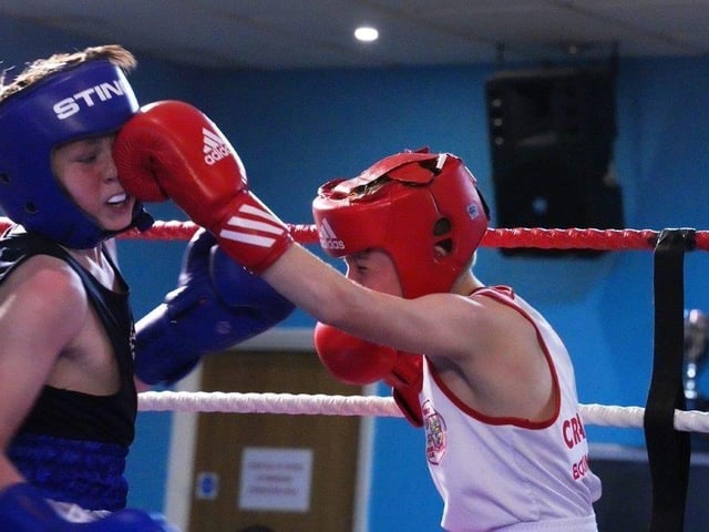 Action from Crawley's junior boxing squad at their annual blockbuster at the Goffs Park Social Club on Sunday. Picture by Max Spanner Photography