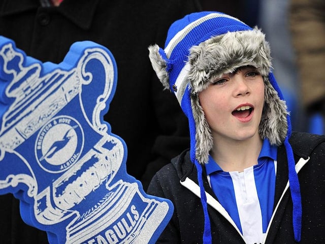 A young Brighton & Hove Albion fan attends the English FA Cup fourth round match between Brighton & Hove Albion and Arsenal at The American Express Community Stadium on January 26, 2013.