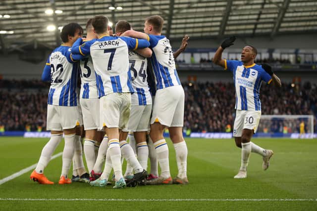 Brighton moved to within seven points of fourth place Tottenham, with three games in hand, after dismantling the Hammers 4-0 at the Amex Stadium.  (Photo by Steve Bardens/Getty Images)