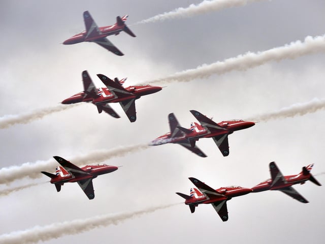The Red Arrows display team in their 60th year at Eastbourne International Airshow today as the town celebrate their 30th year of Airbourne (Photo by Jon Rigby)