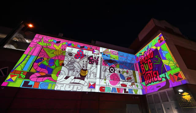 Award-winning arts and technology collective MakeAmplify collaborated with family design company Hello Dodo to create ‘The Electric Grand Bug Hotel’, and interactive projection mapping installation. Outline drawings of the Grand Bug Hotel were projected across nine surfaces and the public were then invited to colour in the drawings on the provided iPads and see their creations light up on the walls.