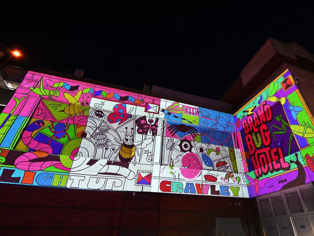 Award-winning arts and technology collective MakeAmplify collaborated with family design company Hello Dodo to create ‘The Electric Grand Bug Hotel’, and interactive projection mapping installation. Outline drawings of the Grand Bug Hotel were projected across nine surfaces and the public were then invited to colour in the drawings on the provided iPads and see their creations light up on the walls.