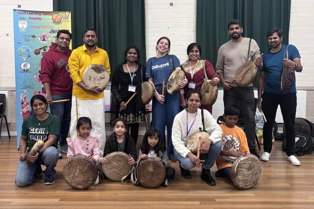 Children and adults came together in Crawley to discover the powerful rhythms of Parai, a traditional Tamil drumming art form, at a community workshop organised by Aurvi Collective