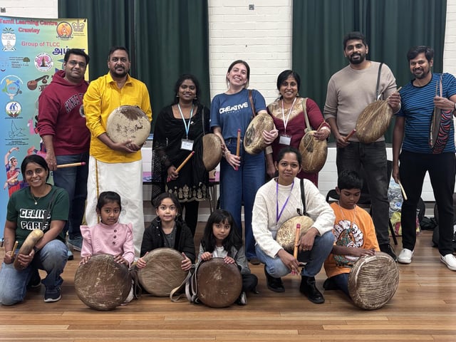 Children and adults came together in Crawley to discover the powerful rhythms of Parai, a traditional Tamil drumming art form, at a community workshop organised by Aurvi Collective