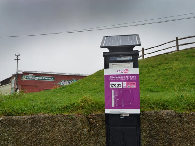 Parking meter that no longer accepts coins pictured in Hastings. Falaise Road coach parking.