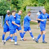 Hollington United celebrate a goal at Westfield during their MSFL premier title-winning season | Picture: Joe Knight