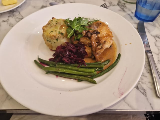 Indigo Bistro & Bar hosted All Aboard the C1850 Time Machine with a two-course lunch, including this dish of roasted breast of chicken with chestnut mushroom, roasted garlic and truffle cream sauce, new potatoes, green beans and red cabbage