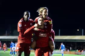 Klaidi Lolos scored a late equaliser for Crawley Town against Stockport County. Photo: Eva Gilbert Photography