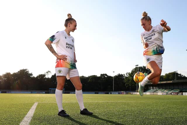 Crawley Wasps players Tash Stephens, Flo Jackson and Holly Talbut-Smith wearing the new Rainbow away kit  for the 2022-23 season.