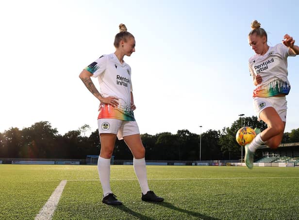 Crawley Wasps players Tash Stephens, Flo Jackson and Holly Talbut-Smith wearing the new Rainbow away kit  for the 2022-23 season.