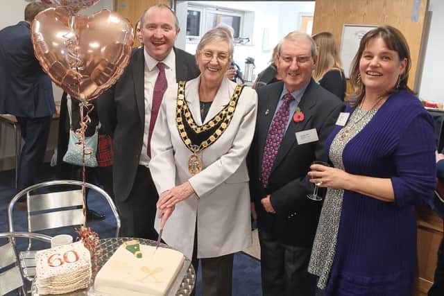 Crawley-based counselling charity celebrates its 60th anniversary with the town’s mayor Jilly Hart, Cllr Michael Jones, Cllr Brian Quinn and Lisa Phillips from the local Relate