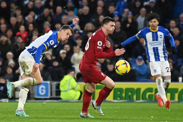 Brighton hero Solly March, who scored a brace in the 3-0 win over Liverpool, said it ‘could've been more’. (Photo by GLYN KIRK/AFP via Getty Images)