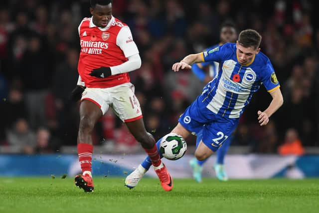 Billy Gilmour in action for Brighton against Arsenal during their Carabao Cup third round win in November (Photo by David Price/Arsenal FC via Getty Images)