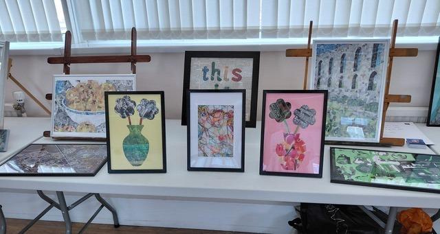 Work by Isobel Sharkey, one of the artists at The Joff Youth Hub exhibition in Peacehaven. On the table you can see two versions of "Inverted Flowers in Vase" with "Inside My Head" in the middle.