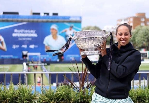 Madison Keys of USA poses for a photo with the trophy after winning the women's singles final against Daria Kasatkina during Day Eight of the Rothesay International Eastbourne at Devonshire Park on July 1, 2023 in Eastbourne, England. (Photo by Charlie Crowhurst/Getty Images for LTA.