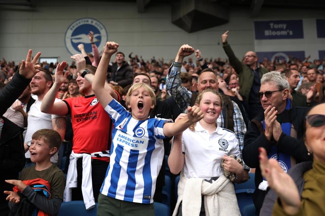 BRIGHTON, ENGLAND - OCTOBER 29: Brighton fans celebrate their sides first goal during the Premier League match between Brighton & Hove Albion and Chelsea FC at American Express Community Stadium on October 29, 2022 in Brighton, England. (Photo by Alex Pantling/Getty Images)