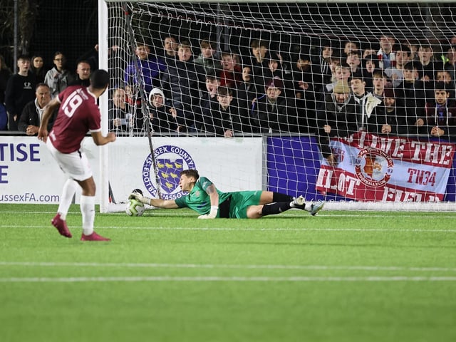 Action between Worthing and Hastings United in the Sussex Senior Cup semi-final at Lancing