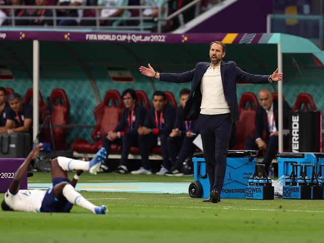 DOHA, QATAR - NOVEMBER 21: Gareth Southgate, Head Coach of England, reacts as Bukayo Saka lays on the pitch during the FIFA World Cup Qatar 2022 Group B match between England and IR Iran at Khalifa International Stadium on November 21, 2022 in Doha, Qatar. (Photo by Richard Heathcote/Getty Images)