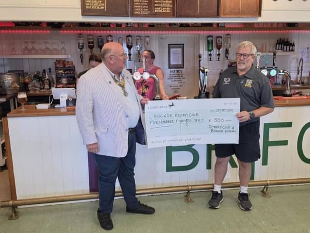 The Rotary Club of Bognor Hotham is supporting Bognor Regis RFC, with club president Nigel Neville presenting a £500 cheque for essential rugby equipment. Photo: Rotary Club of Bognor Hotham.