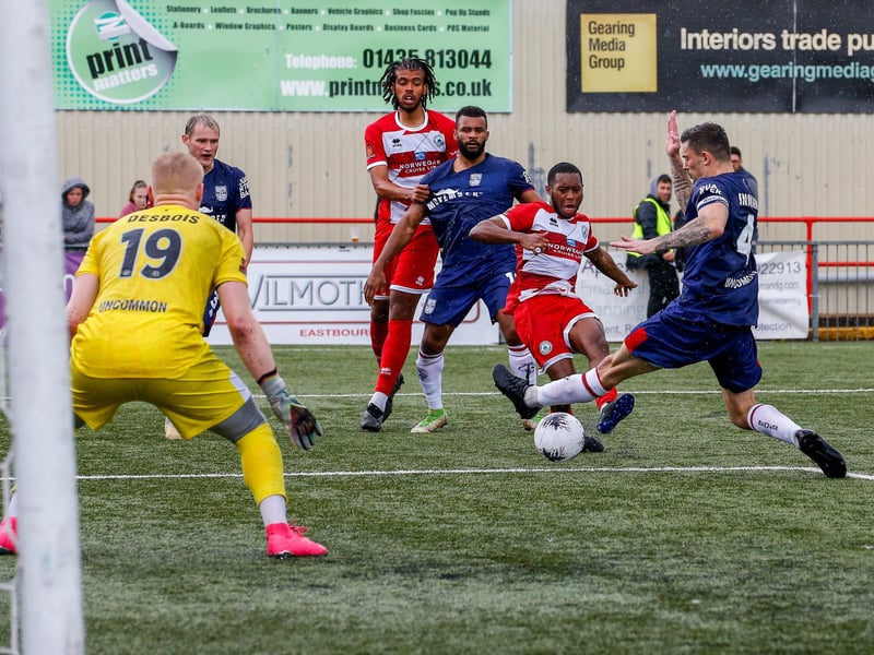 Images from Eastbourne Borough's 2023-24 season opener, a 1-0 National South home win over Hampton and Richmond