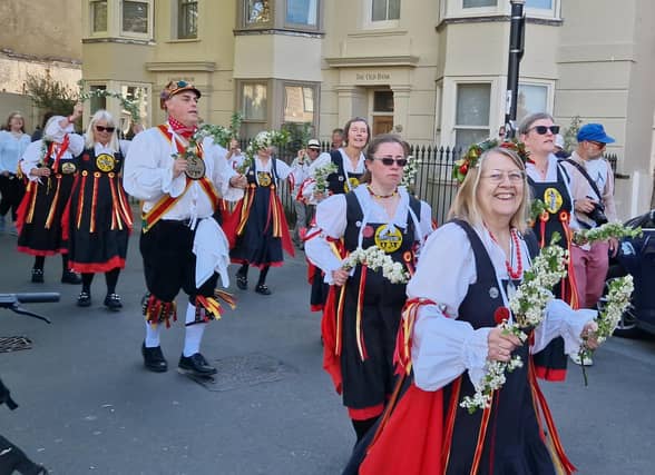 Sompting Village Morris celebrating May Day 2025 in Shoreham, where a large crowd gathered at 7am to watch to fun
