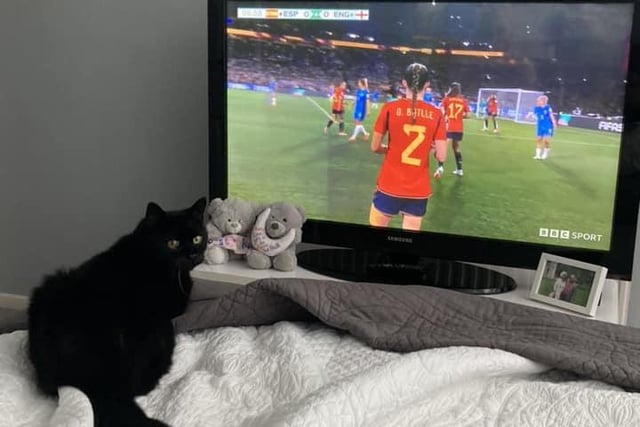 Melanie Gilford enjoying the football with her cat in Worthing