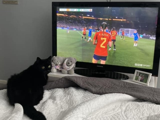 Melanie Gilford enjoying the football with her cat in Worthing