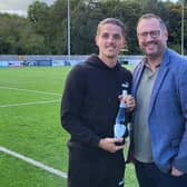 Tom Nichols receives the September Player of the Month Award from Crawley Observer editor Mark Dunford