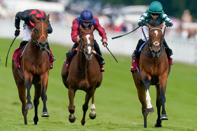Hollie Doyle riding Nashwa (green) to win The Qatar Nassau Stakes last year - this year Nashwa is set to go up against Blue Rose Cen | Photo by Alan Crowhurst/Getty Images