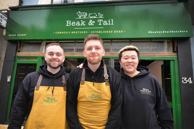 New butcher's shop Beak & Tail opens in Robertson Street, Hastings, on February 9 2023. L-R: Brothers Tom and Sean Conneely with Andrew Wong.