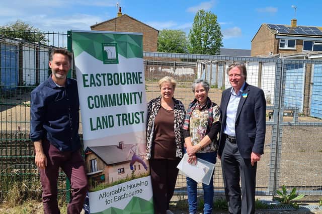 L-R:  Tom Warder (Sussex Community Housing Hub), Sandy Medway ( Eastbourne CLT), Sue Relf (Eastbourne CLT) and Cllr Shuttleworth.
